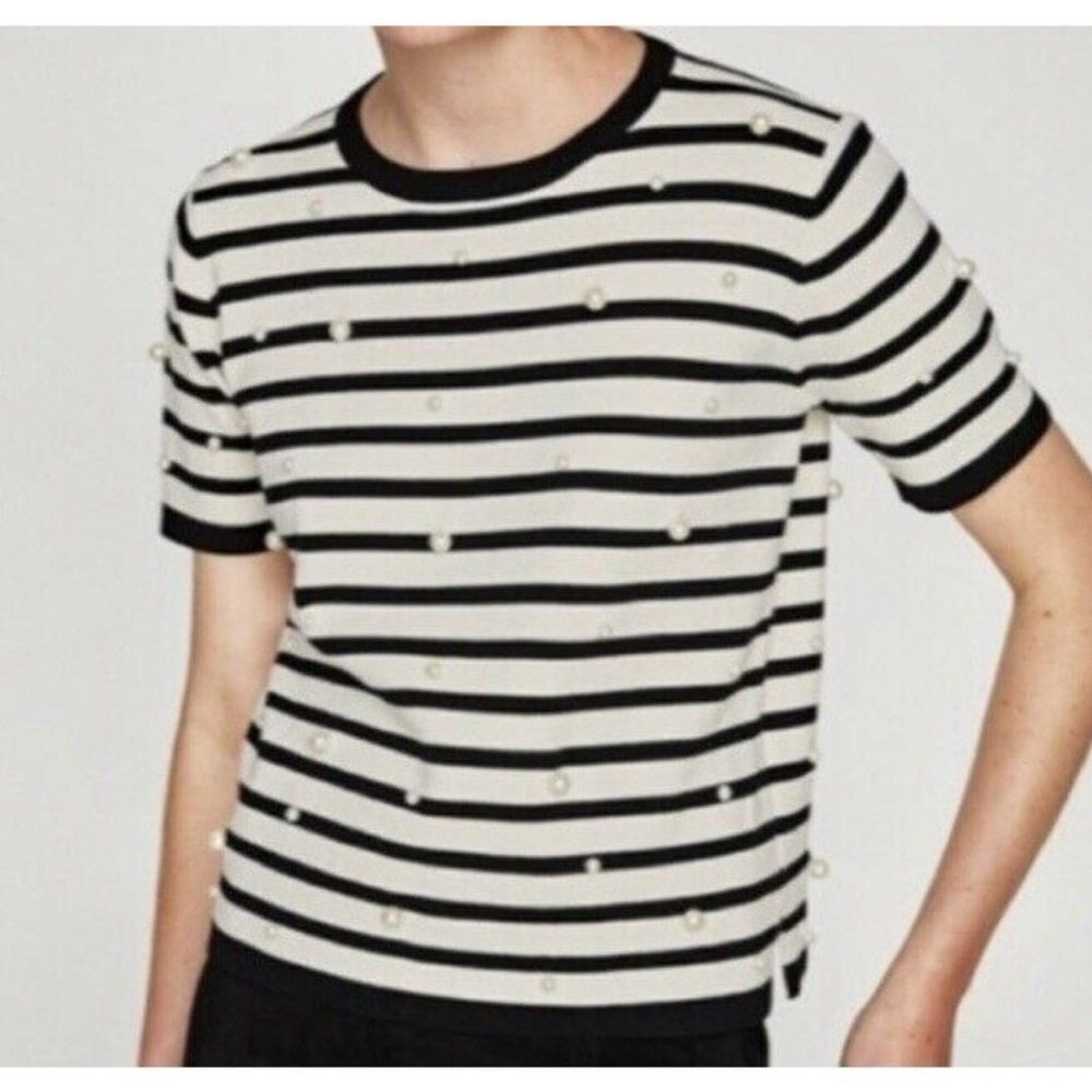 Zara black & cream striped short sleeve knit top embellished faux pearls s 327